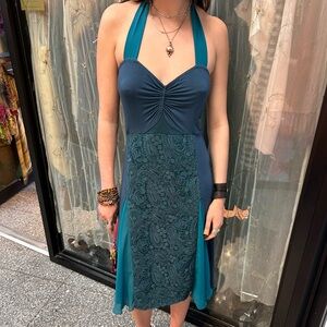 vintage blue embroidered beaded fairy dress halter neck tie midi dress